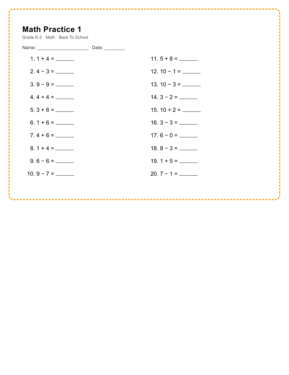 K-2 Math Worksheet Pack — 1