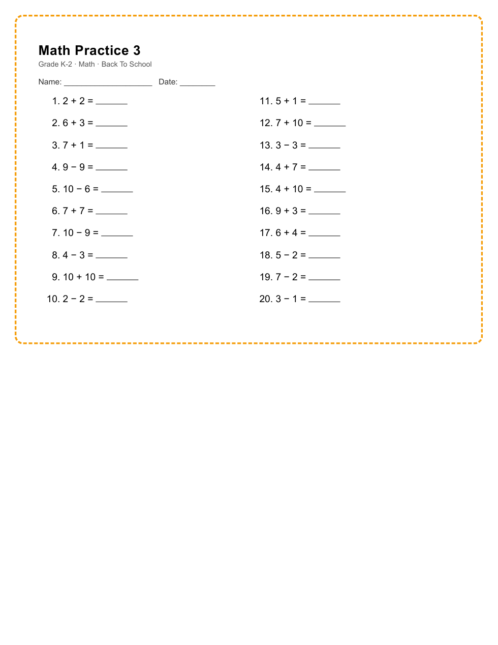 K-2 Math Worksheet Pack — 3